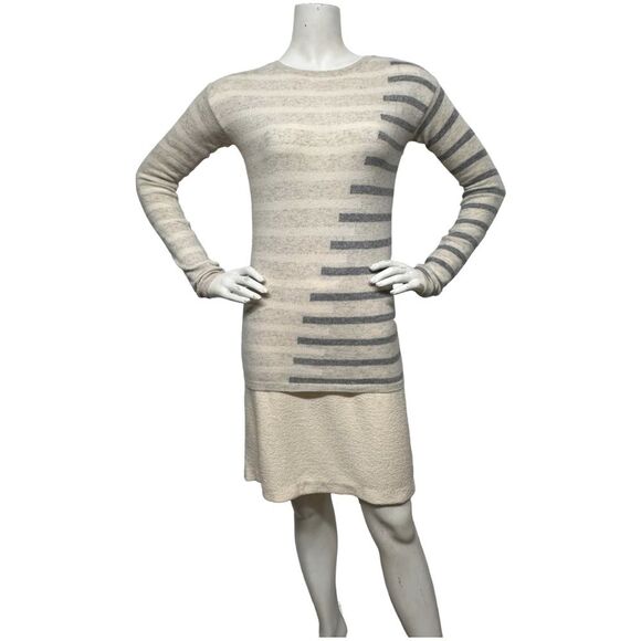 NEIMAN MARCUS 100% Cashmere Striped Pullover Sweater Heather Gray Vanilla XS - Picture 2 of 10
